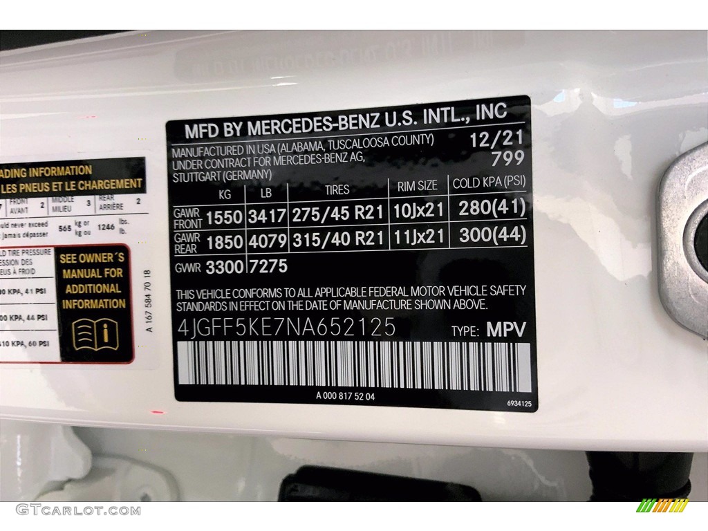 2022 GLS Color Code 799 for Diamond White Metallic Photo #143597465