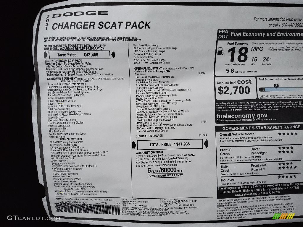 2021 Dodge Charger Scat Pack Window Sticker Photo #143600096