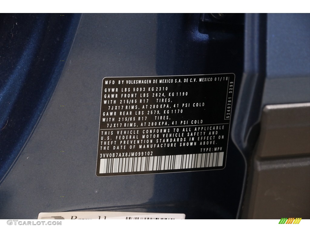 2018 Tiguan S 4MOTION - Silk Blue Metallic / Storm Gray photo #18