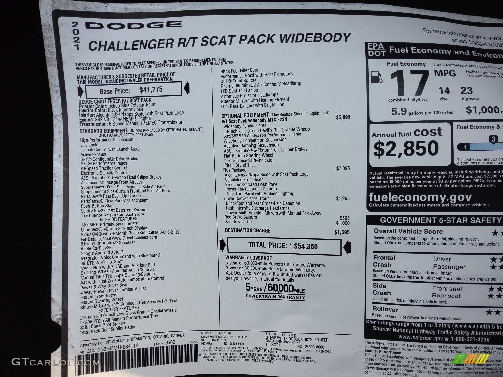 2021 Dodge Challenger R/T Scat Pack Widebody Window Sticker Photos