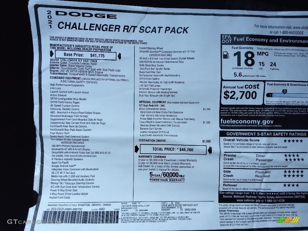 2021 Dodge Challenger R/T Scat Pack Window Sticker Photo #143610929