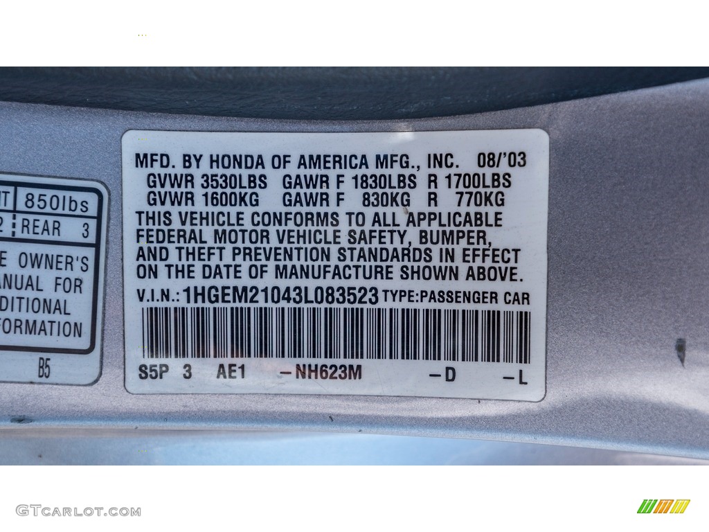 2003 Civic Color Code NH623M for Satin Silver Metallic Photo #143615741