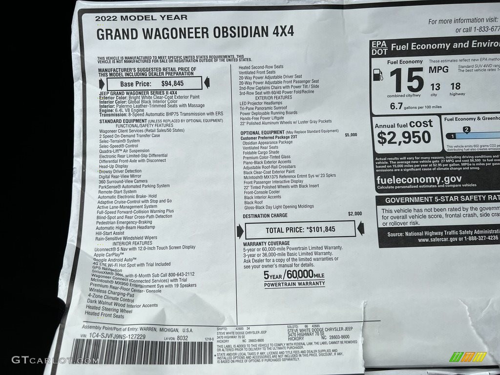 2022 Jeep Grand Wagoneer Obsidian 4x4 Window Sticker Photo #143615882