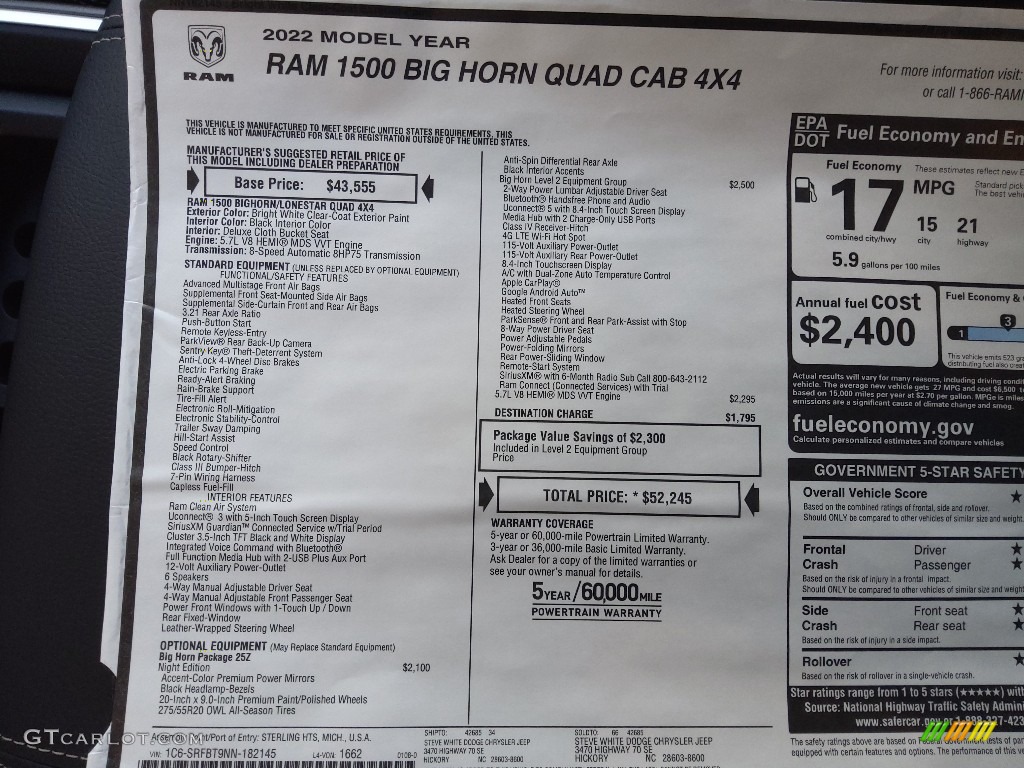 2022 Ram 1500 Big Horn Night Edition Quad Cab 4x4 Window Sticker Photo #143619240