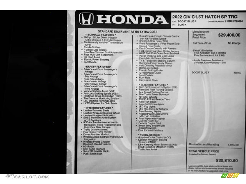 2022 Honda Civic Sport Touring Hatchback Window Sticker Photo #143620060