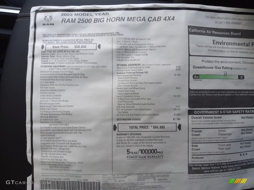 2022 Ram 2500 Big Horn Mega Cab 4x4 Window Sticker Photo #143630600