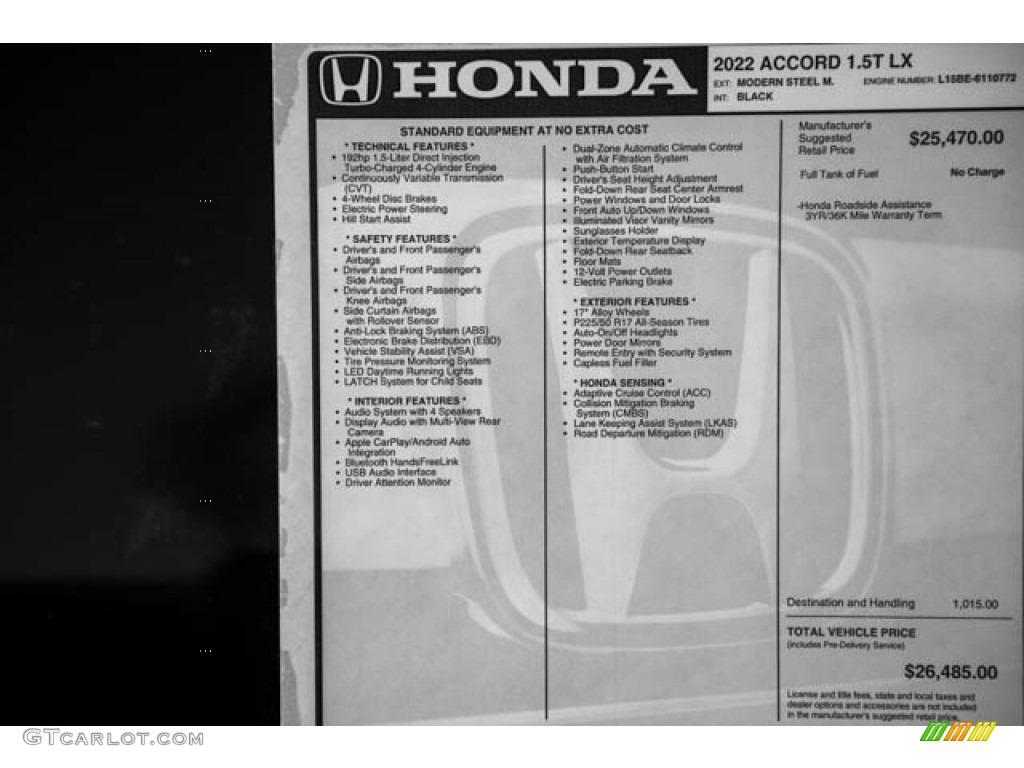 2022 Accord LX - Modern Steel Metallic / Black photo #39