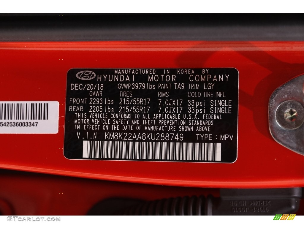 2019 Kona Color Code TA9 for Sunset Orange Photo #143635007