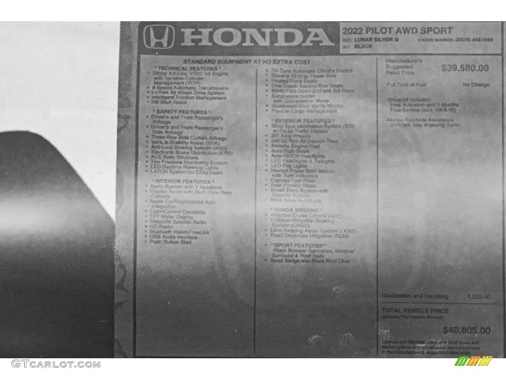 2022 Honda Pilot Sport AWD Window Sticker Photo #143652749