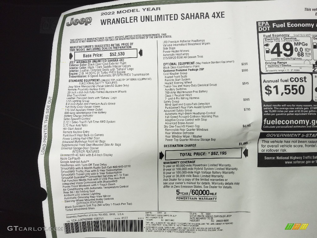 2022 Jeep Wrangler Unlimited Sahara 4XE Hybrid Window Sticker Photo #143660697