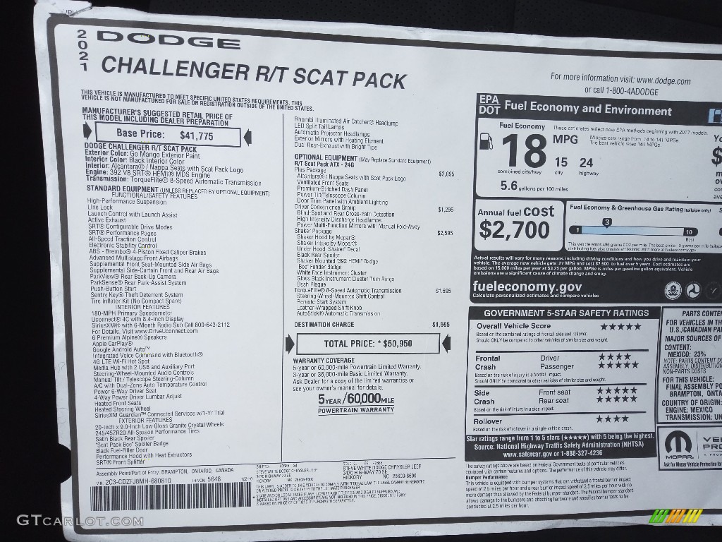 2021 Dodge Challenger R/T Scat Pack Shaker Window Sticker Photo #143671103