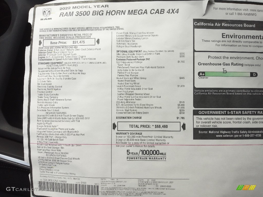 2022 Ram 3500 Big Horn Mega Cab 4x4 Window Sticker Photo #143672916