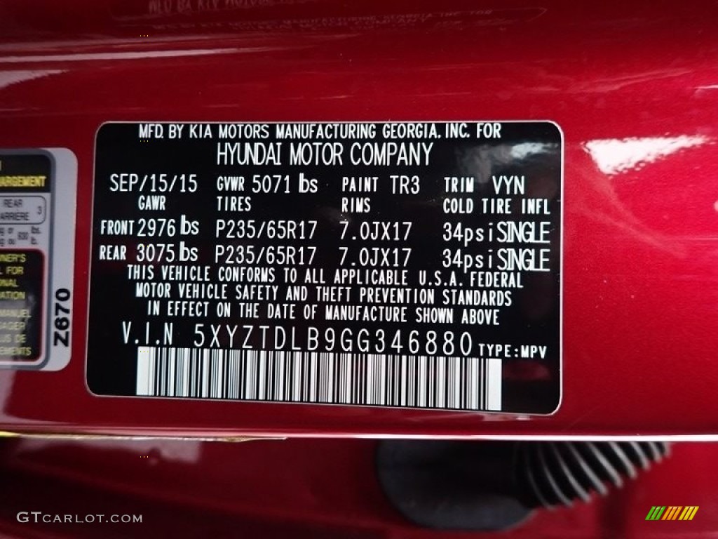 2016 Santa Fe Sport Color Code TR3 for Serrano Red Photo #143676466