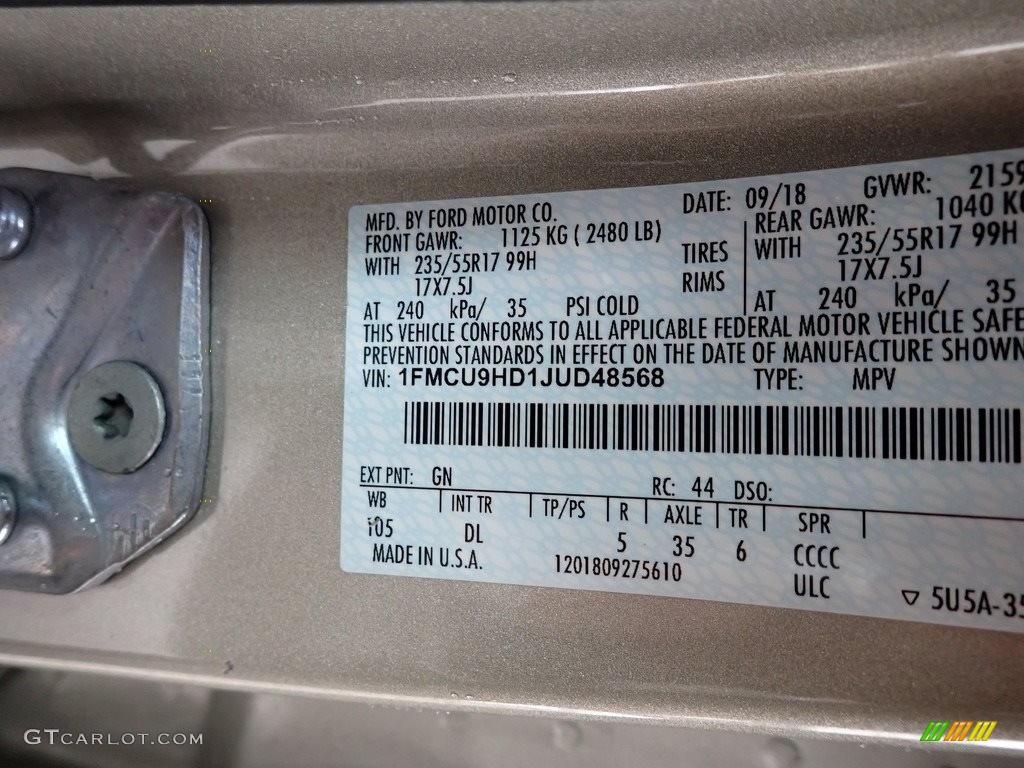 2018 Escape SEL 4WD - White Gold / Medium Light Stone photo #15