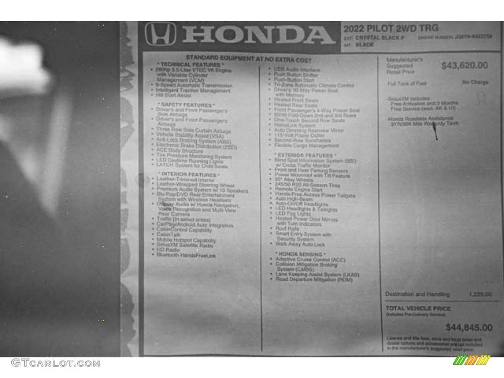 2022 Honda Pilot Touring Window Sticker Photos
