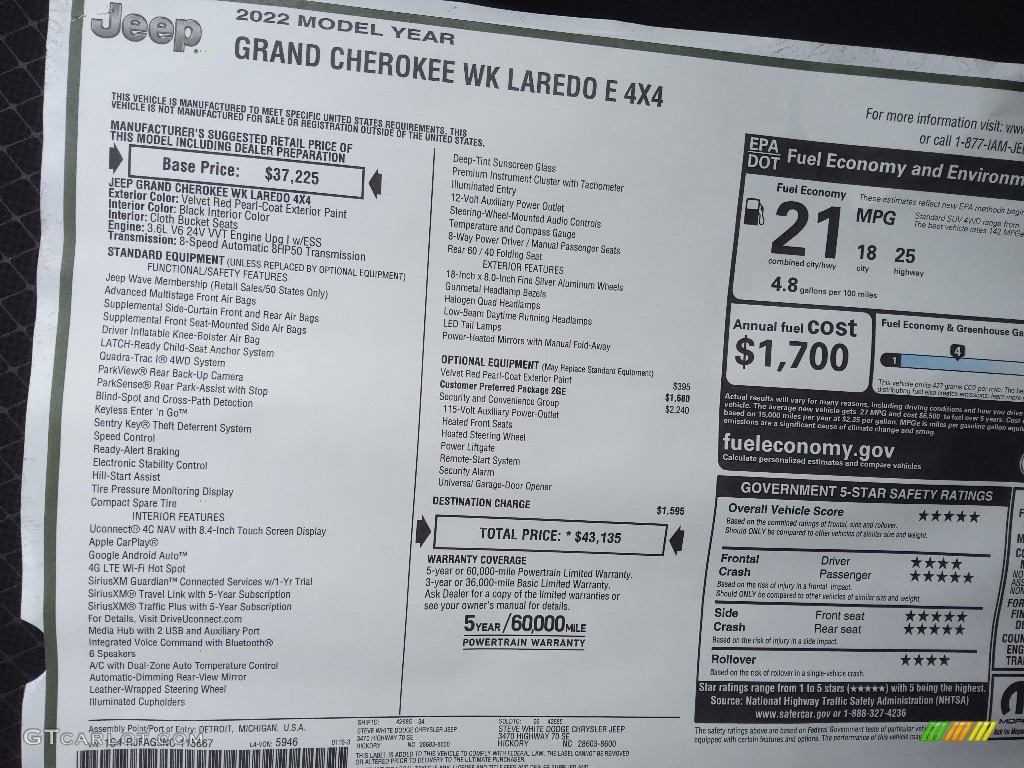 2022 Jeep Grand Cherokee Laredo 4x4 Window Sticker Photo #143691093