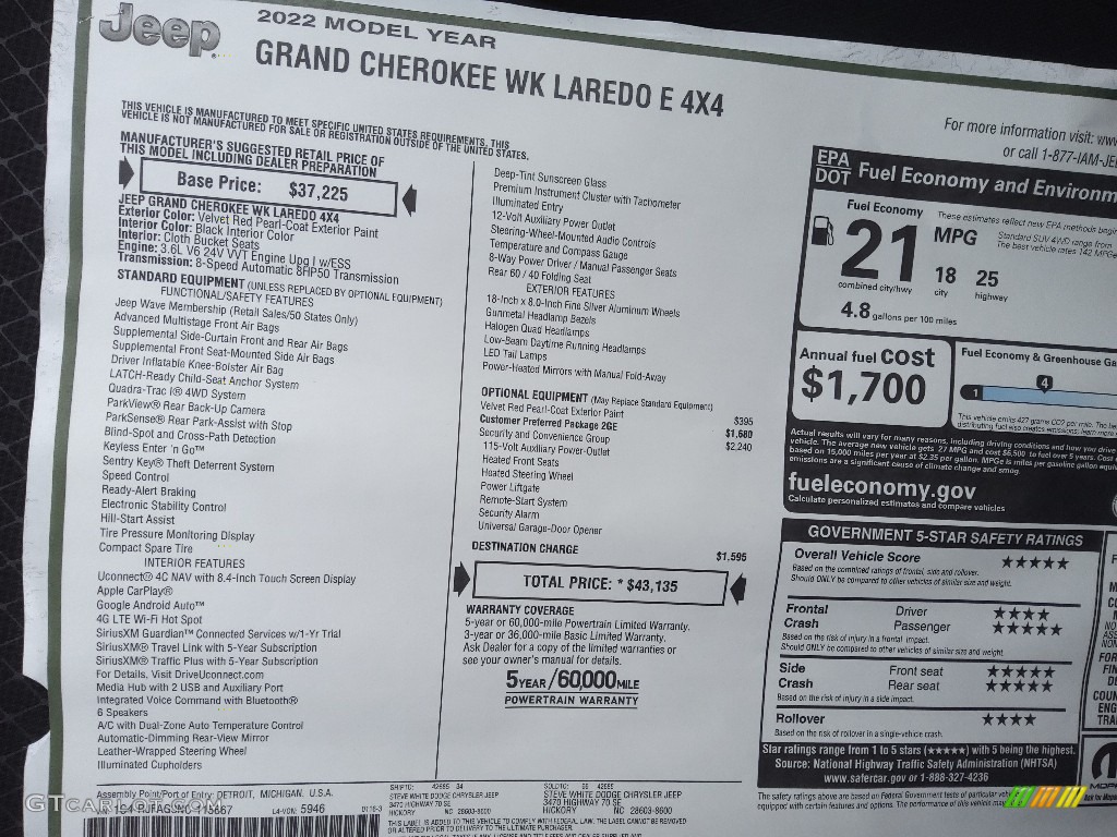 2022 Jeep Grand Cherokee Laredo 4x4 Window Sticker Photos