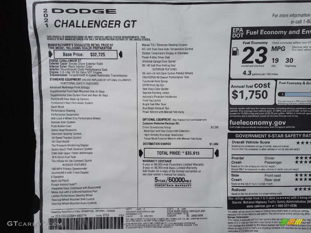 2021 Dodge Challenger GT Window Sticker Photos