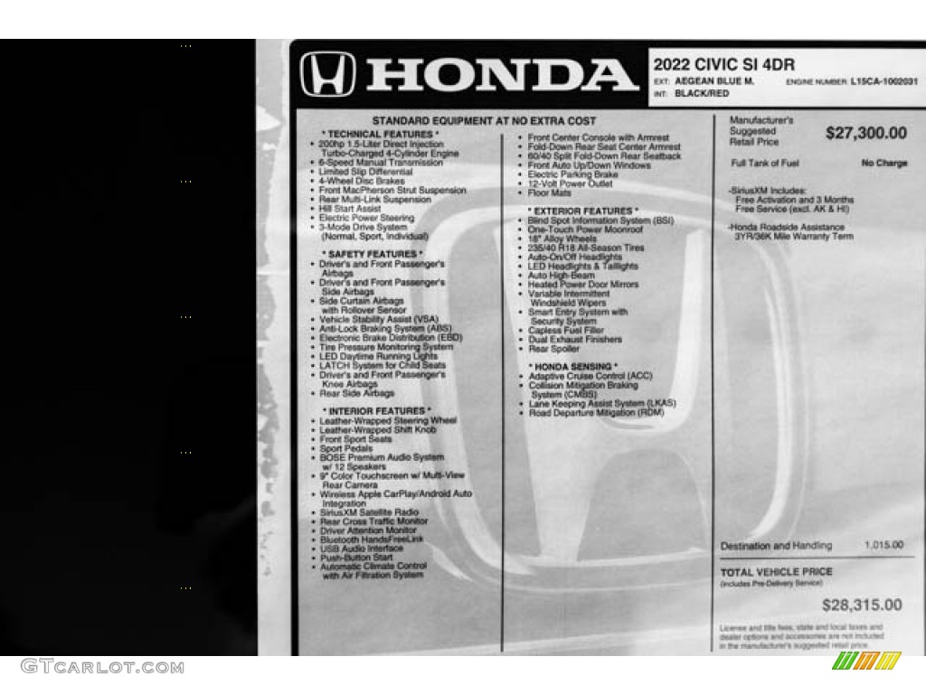 2022 Honda Civic Si Sedan Window Sticker Photo #143720945