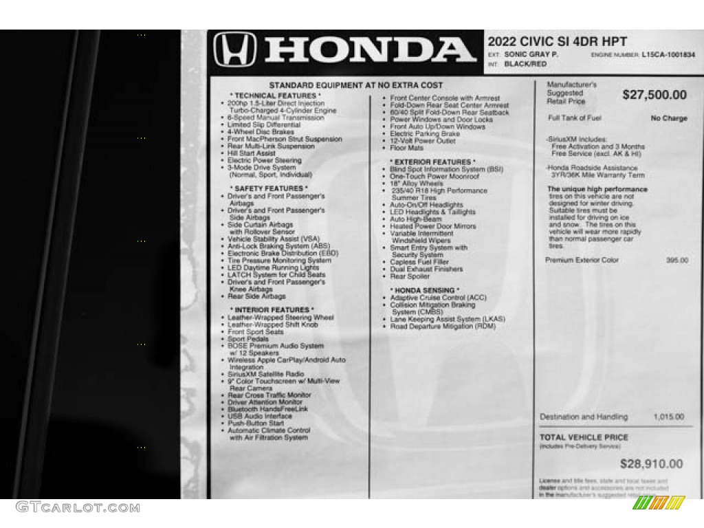 2022 Honda Civic Si Sedan Window Sticker Photo #143721539