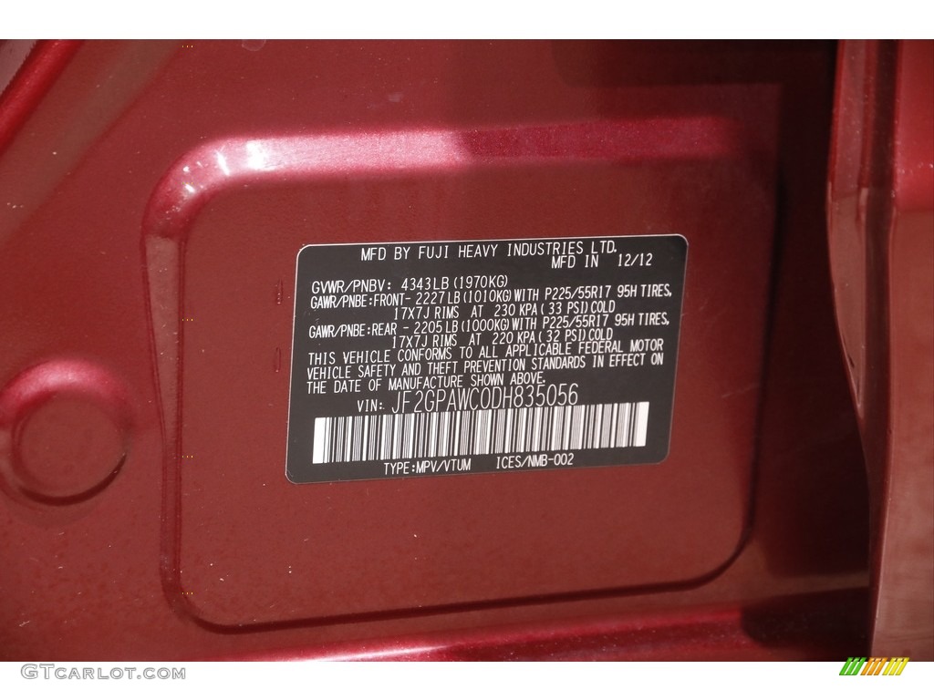 2013 XV Crosstrek 2.0 Premium - Venetian Red Pearl / Black photo #20