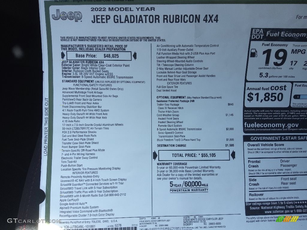 2022 Gladiator Rubicon 4x4 - Bright White / Black photo #30