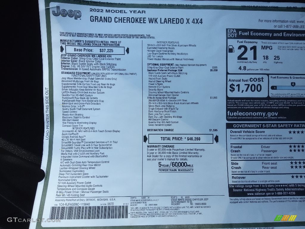 2022 Jeep Grand Cherokee Laredo X 4x4 Window Sticker Photo #143735608