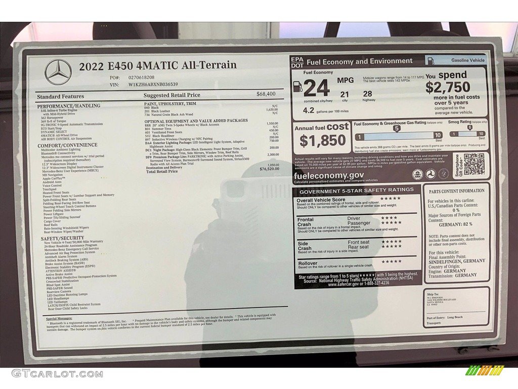 2022 Mercedes-Benz E 450 4Matic All-Terrain Wagon Window Sticker Photo #143737864