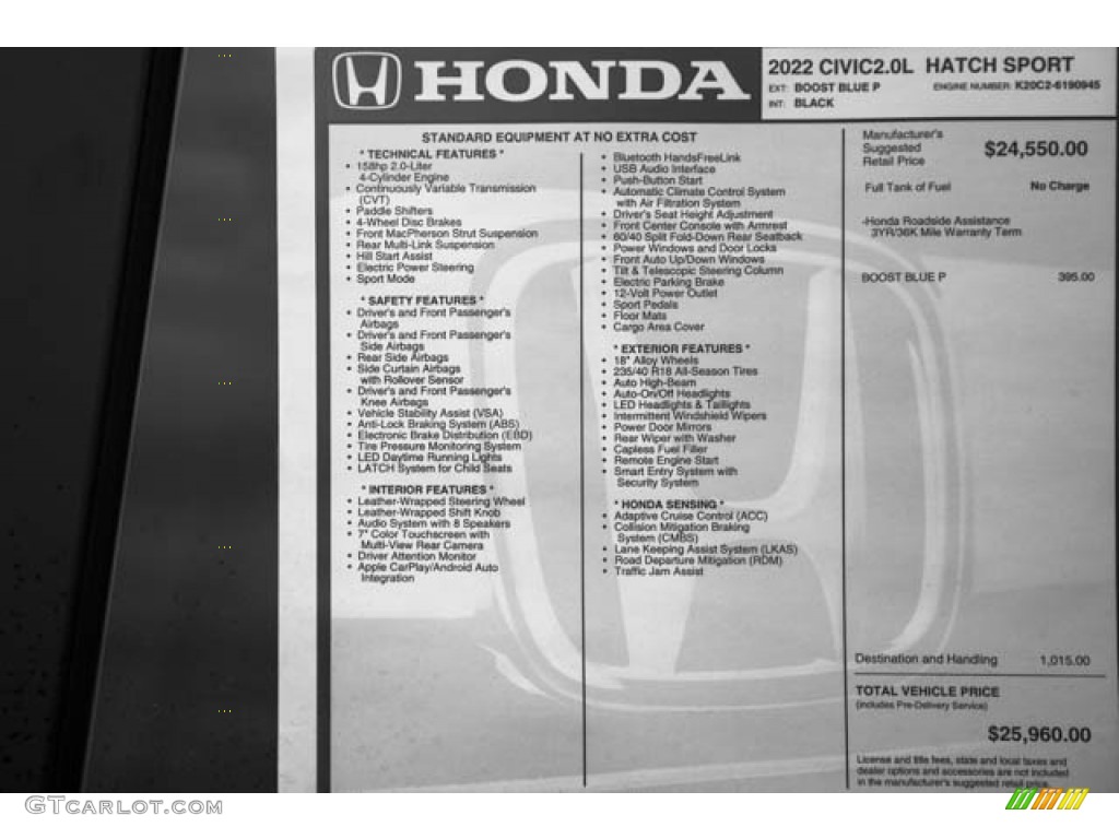 2022 Honda Civic Sport Hatchback Window Sticker Photo #143749217