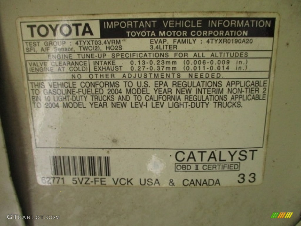 2004 Toyota Tundra Regular Cab Info Tag Photo #143765015
