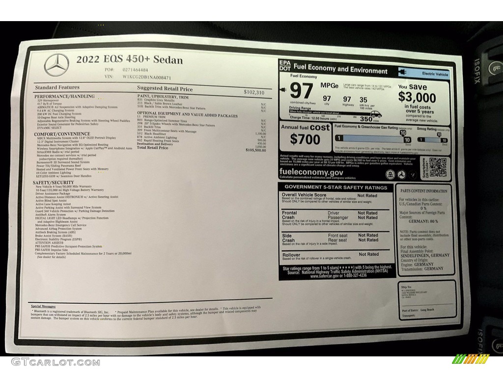 2022 Mercedes-Benz EQS 450+ Sedan Window Sticker Photo #143787644