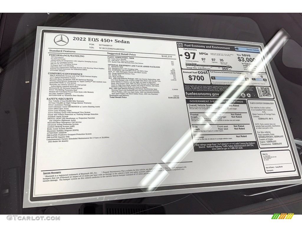 2022 Mercedes-Benz EQS 450+ Sedan Window Sticker Photo #143790390