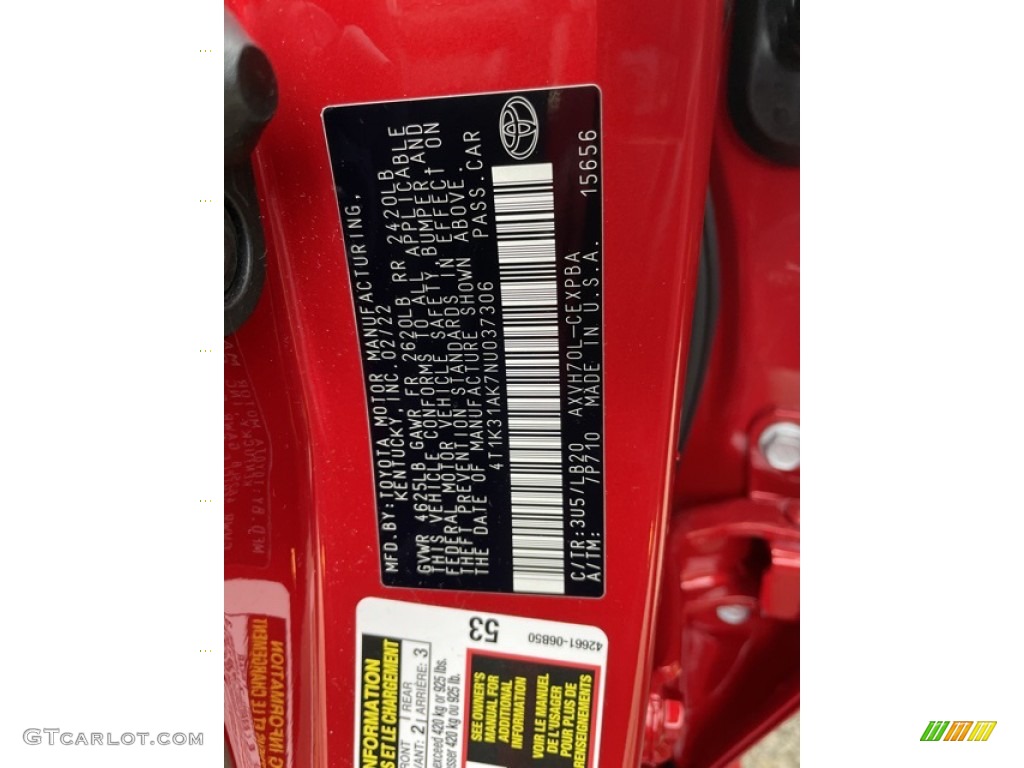 2022 Toyota Camry XSE Hybrid Color Code Photos