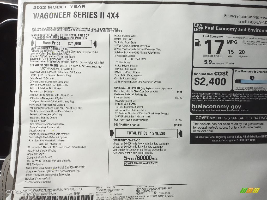 2022 Jeep Wagoneer Series II 4x4 Window Sticker Photo #143793168