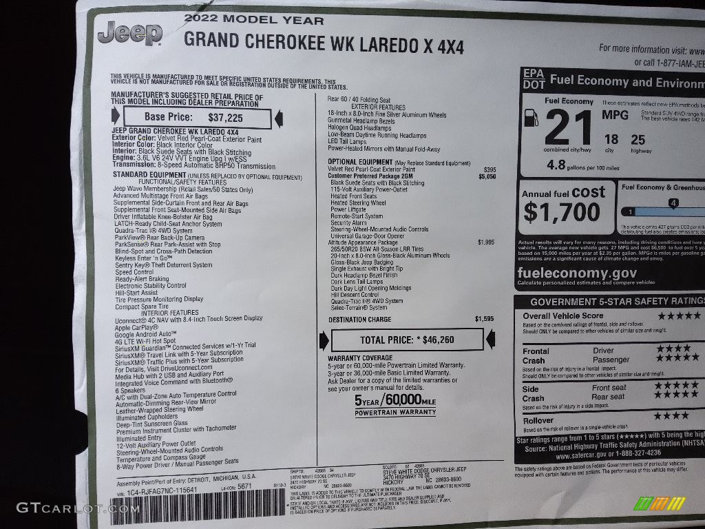 2022 Jeep Grand Cherokee Laredo X 4x4 Window Sticker Photo #143794080