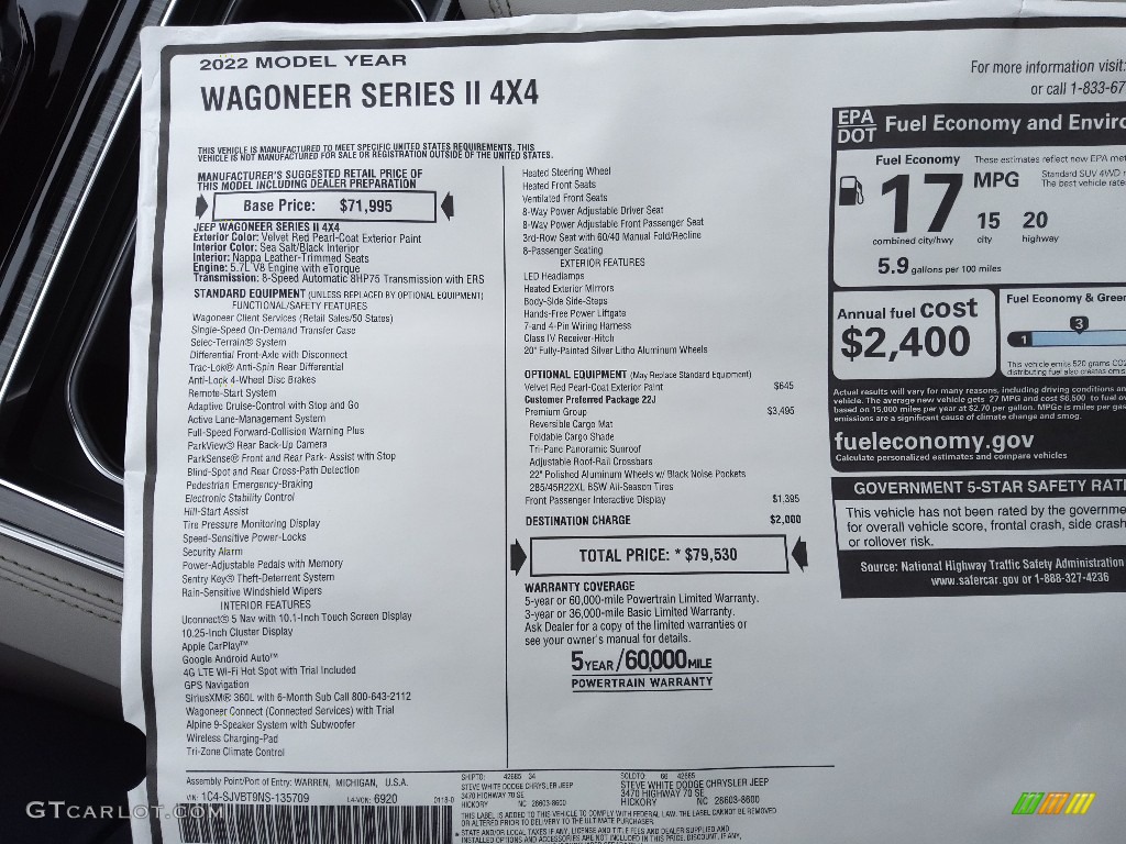 2022 Jeep Wagoneer Series II 4x4 Window Sticker Photo #143805599