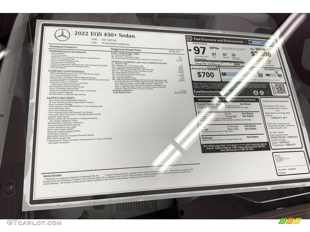 2022 Mercedes-Benz EQS 450+ Sedan Window Sticker Photo #143806372