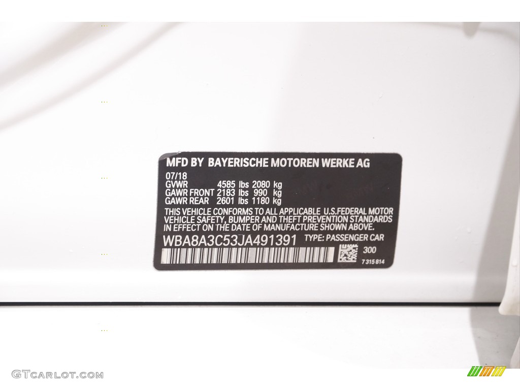 2018 3 Series 320i xDrive Sedan - Alpine White / Black photo #20
