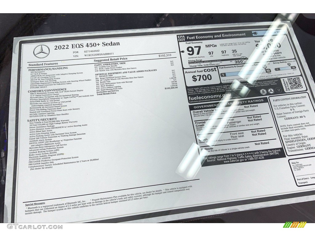 2022 Mercedes-Benz EQS 450+ Sedan Window Sticker Photo #143814083