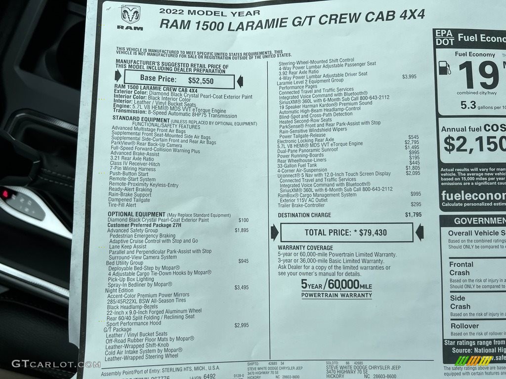 2022 Ram 1500 Laramie G/T Crew Cab 4x4 Window Sticker Photo #143815415