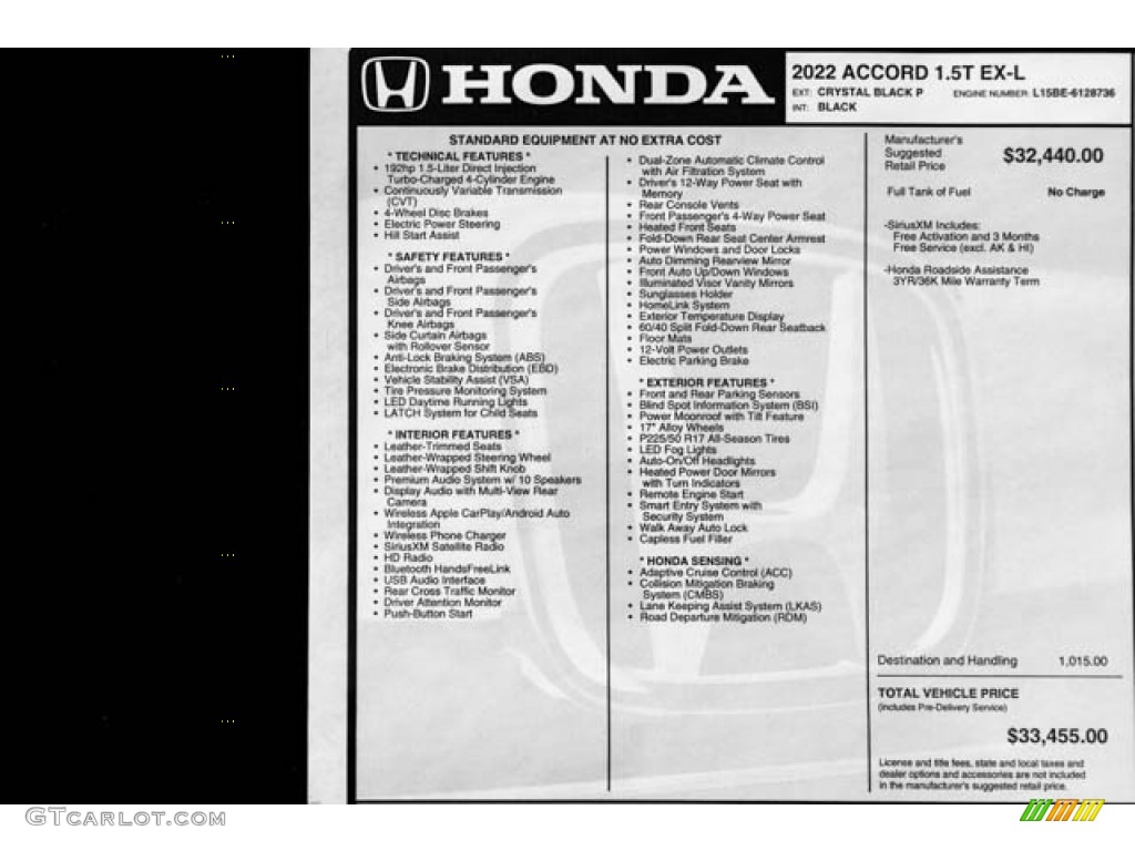 2022 Honda Accord EX-L Window Sticker Photos