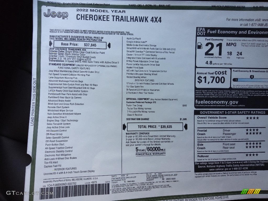 2022 Jeep Cherokee Trailhawk 4x4 Window Sticker Photo #143821026