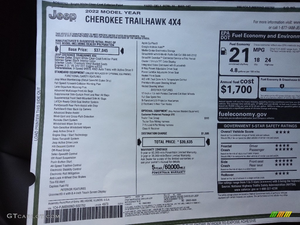 2022 Jeep Cherokee Trailhawk 4x4 Window Sticker Photos