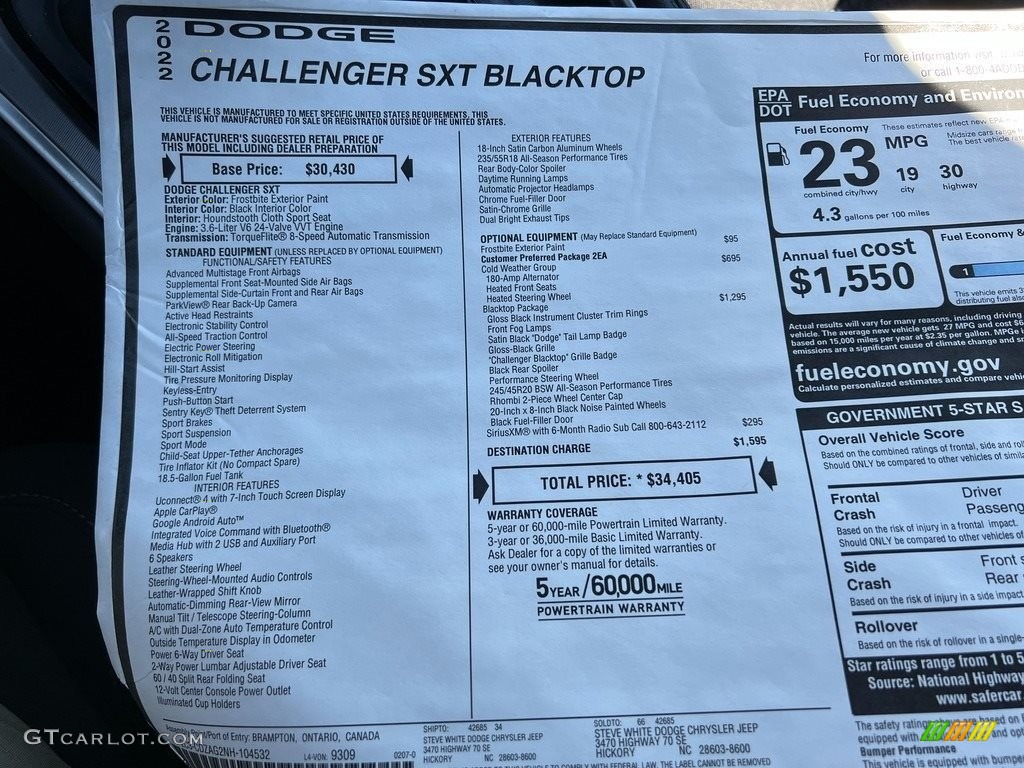 2022 Dodge Challenger SXT Blacktop Window Sticker Photo #143821542