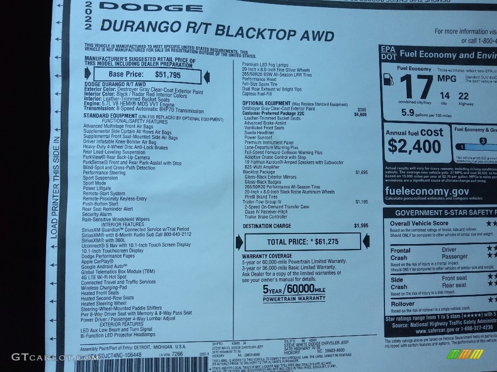 2022 Dodge Durango R/T Blacktop AWD Window Sticker Photo #143822169