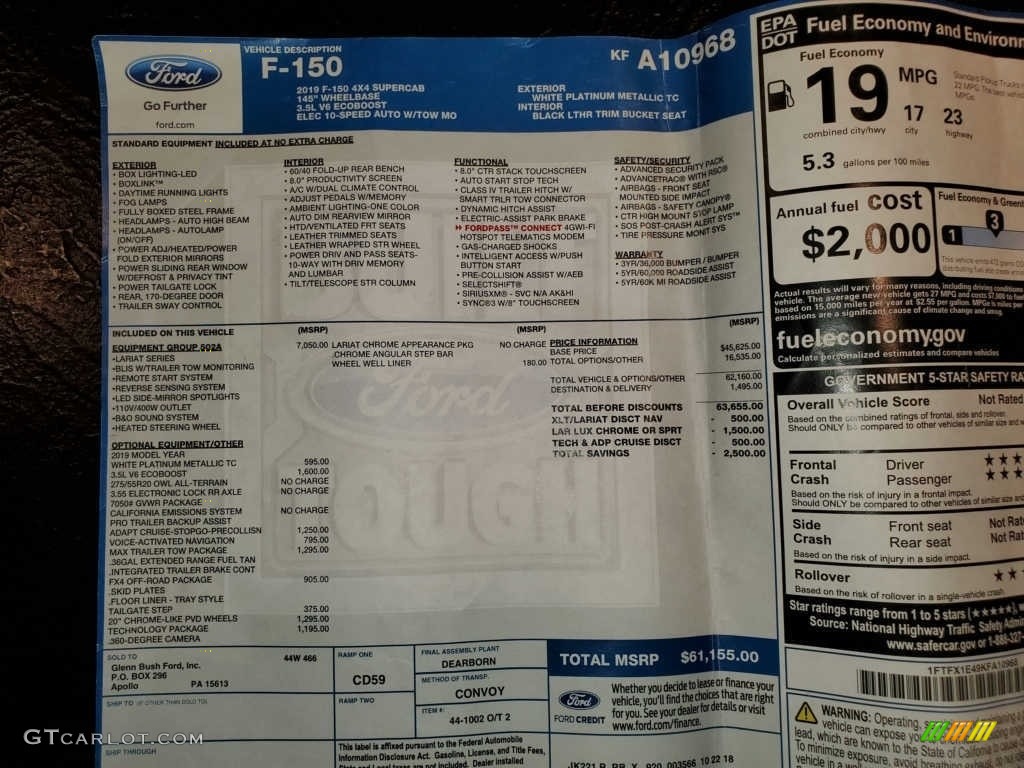 2019 Ford F150 Lariat SuperCab 4x4 Window Sticker Photo #143822430