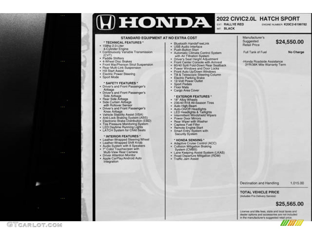 2022 Honda Civic Sport Hatchback Window Sticker Photos