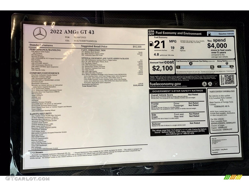 2022 Mercedes-Benz AMG GT 43 Window Sticker Photo #143841965