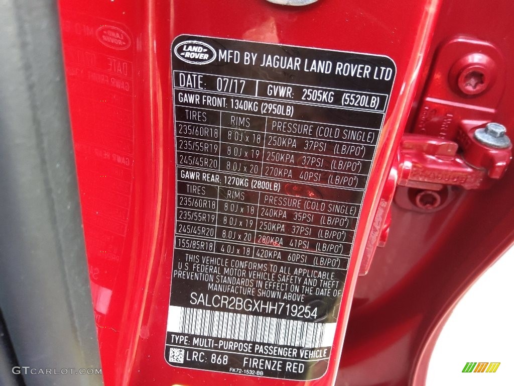 2017 Discovery Sport Color Code 868 for Firenze Red Metallic Photo #143855695