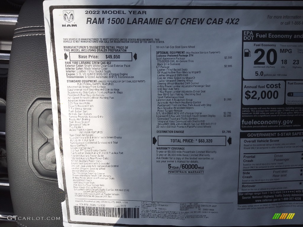 2022 Ram 1500 Laramie G/T Crew Cab 4x4 Window Sticker Photo #143856016